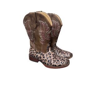 Roper Girls Glitter Pink Leopard Brown Cowgirl Cowboy Square Toe Boot Sz: 12